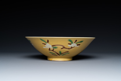 A Chinese yellow-ground 'brinjal' biscuit bowl, Kangxi