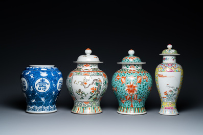 Four various Chinese famille rose, verte and blue and white vases, 19/20th C.
