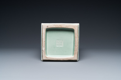 A Chinese monochrome celadon 'cong' vase with trigrams, Qianlong mark, Republic