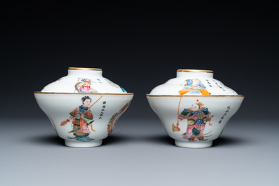 Een paar Chinese famille rose 'Wu Shuang Pu' dekselkoppen en schotels, Daoguang merk en periode