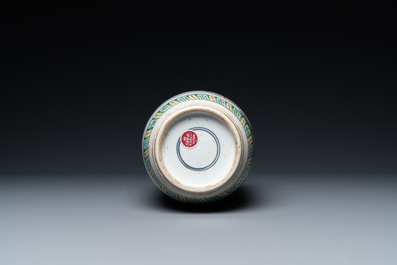 A Chinese famille verte rouleau vase with narrative design, Kangxi
