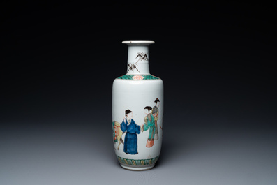 A Chinese famille verte rouleau vase with narrative design, Kangxi
