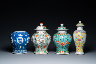 Four various Chinese famille rose, verte and blue and white vases, 19/20th C.