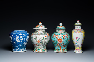 Four various Chinese famille rose, verte and blue and white vases, 19/20th C.