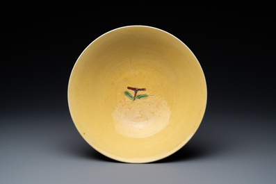 A Chinese yellow-ground 'brinjal' biscuit bowl, Kangxi