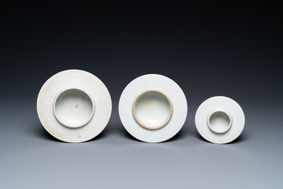 Four various Chinese famille rose, verte and blue and white vases, 19/20th C.