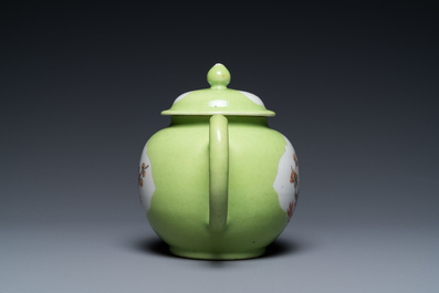 A Chinese iron red and grisaille lime green-ground teapot and cover, Qianlong