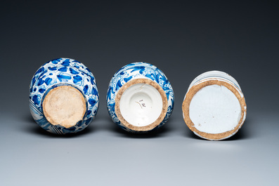 Two Italian and one Dutch Delft blue and white pharmacy jars, 17/18th C.