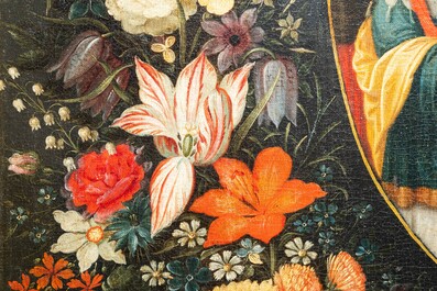 Andries Daniels (c. 1580-1640), attributed to: 'The wedding of Mary and Joseph' in an oval medallion with a floral garland, oil on canvas