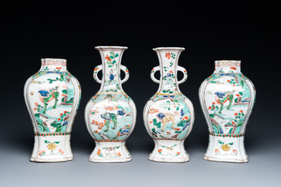 A Chinese famille verte four-piece 'mythical animals' garniture, Kangxi