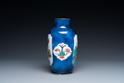 A Chinese famille verte powder blue-ground dish and a vase, Kangxi