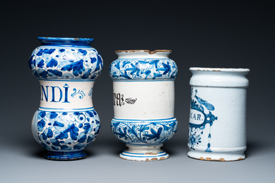 Two Italian and one Dutch Delft blue and white pharmacy jars, 17/18th C.