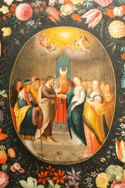Andries Daniels (c. 1580-1640), attributed to: 'The wedding of Mary and Joseph' in an oval medallion with a floral garland, oil on canvas