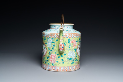 A large Chinese famille rose lime green-ground teapot for the Straits or Peranakan market, Guangxu mark and of the period