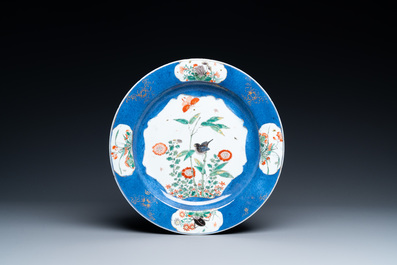 A Chinese famille verte powder blue vase and a dish, Kangxi
