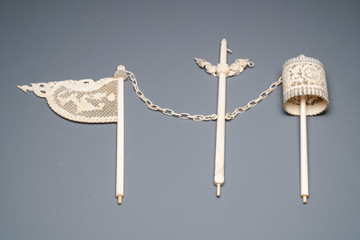 A Chinese carved ivory dragon boat on wooden stand, 19th C.