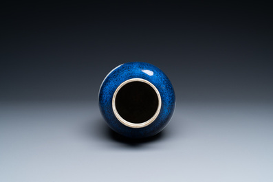A Chinese famille verte powder blue-ground dish and a vase, Kangxi