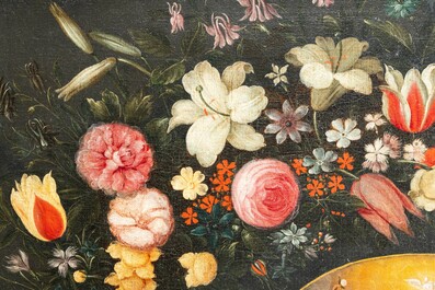 Andries Daniels (c. 1580-1640), attributed to: 'The wedding of Mary and Joseph' in an oval medallion with a floral garland, oil on canvas