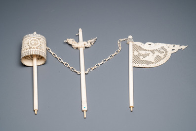 A Chinese carved ivory dragon boat on wooden stand, 19th C.