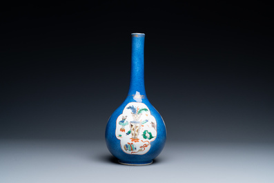 A Chinese famille verte powder blue vase and a dish, Kangxi