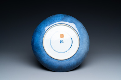A Chinese famille verte powder blue-ground dish and a vase, Kangxi