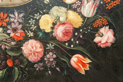 Andries Daniels (c. 1580-1640), attributed to: 'The wedding of Mary and Joseph' in an oval medallion with a floral garland, oil on canvas