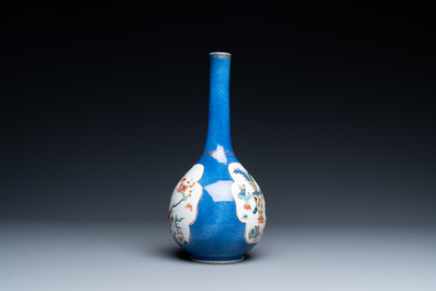 A Chinese famille verte powder blue vase and a dish, Kangxi