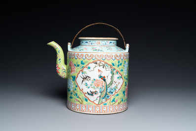 A large Chinese famille rose lime green-ground teapot for the Straits or Peranakan market, Guangxu mark and of the period