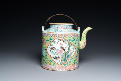 A large Chinese famille rose lime green-ground teapot for the Straits or Peranakan market, Guangxu mark and of the period