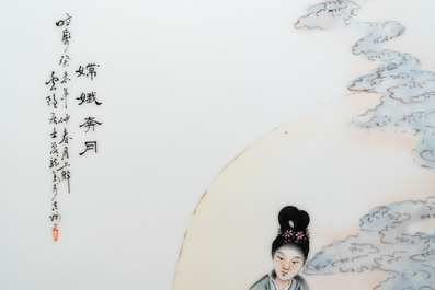 A Chinese fencai plaque with Chang'e, signed Xia Long Jiao and dated March 1943