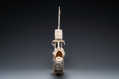 A Chinese carved ivory dragon boat on wooden stand, 19th C.