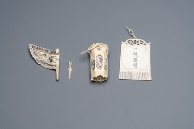 A Chinese carved ivory dragon boat on wooden stand, 19th C.