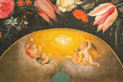 Andries Daniels (c. 1580-1640), attributed to: 'The wedding of Mary and Joseph' in an oval medallion with a floral garland, oil on canvas