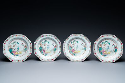 Eight octagonal Chinese famille rose plates with a boat on the water, Qianlong