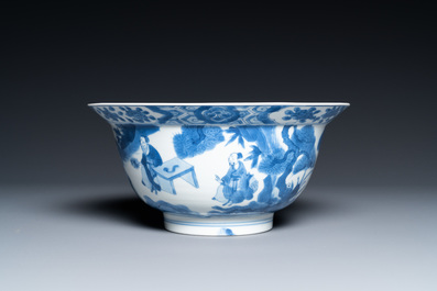 Een Chinese blauw-witte 'klapmuts' kom, Kangxi merk en periode