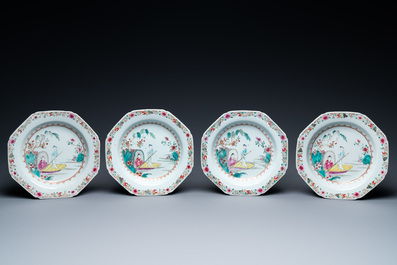 Eight octagonal Chinese famille rose plates with a boat on the water, Qianlong