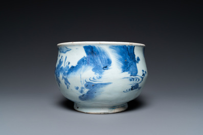 A Chinese blue and white censer with figures in a landscape, Transitional period