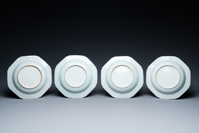 Eight octagonal Chinese famille rose plates with a boat on the water, Qianlong
