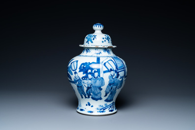 A Chinese blue and white vase with narrative design, Chenghua mark, Kangxi