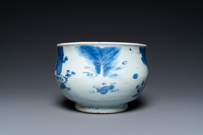 A Chinese blue and white censer with figures in a landscape, Transitional period