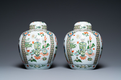 A pair of Kangxi-style famille verte jars and covers, Samson, France, 19th C.