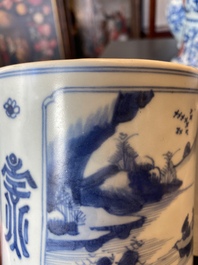 A Chinese blue and white brush pot with a landscape and antiquities, Kangxi