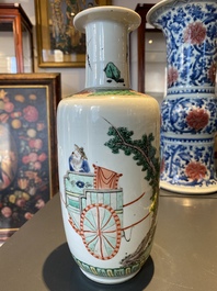 A Chinese famille verte rouleau vase with narrative design, Kangxi
