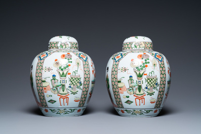 A pair of Kangxi-style famille verte jars and covers, Samson, France, 19th C.