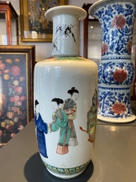 A Chinese famille verte rouleau vase with narrative design, Kangxi
