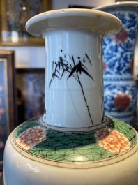 A Chinese famille verte rouleau vase with narrative design, Kangxi