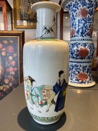 A Chinese famille verte rouleau vase with narrative design, Kangxi