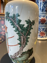 A Chinese famille verte rouleau vase with narrative design, Kangxi