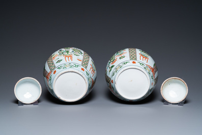 A pair of Kangxi-style famille verte jars and covers, Samson, France, 19th C.