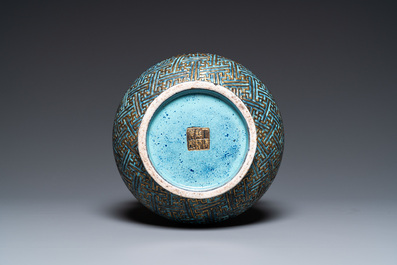 A Chinese 'robin's egg and imitation bronze'-glazed 'hu' vase, Qianlong mark, 19th C.